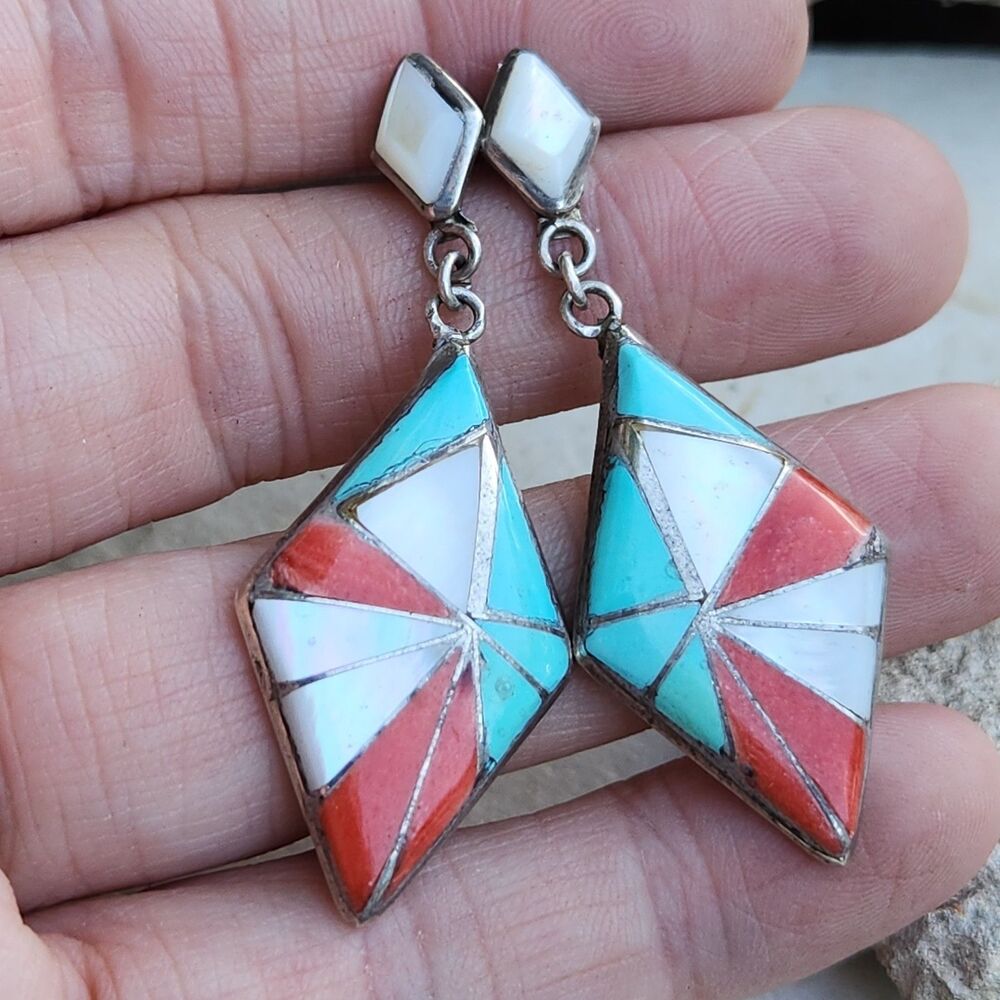 Vintage Zuni Channel Inlay Diamond Drop Earrings Turquoise MOP